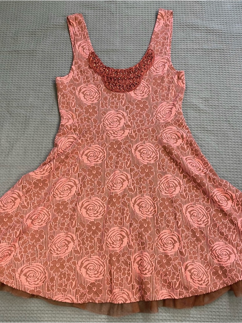 Free‎ People Floral Beaded Mini Dress Medium Womens Party Coral Rose Copper